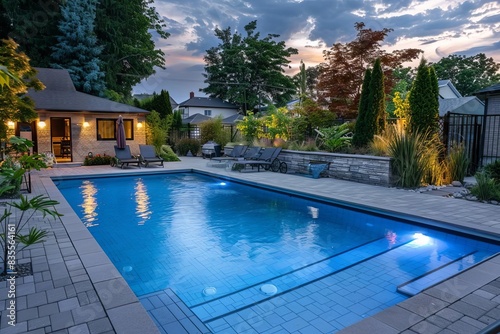 serene blue fiberglass swimming pool in lush backyard at dusk tranquil summer evening scene lifestyle photo