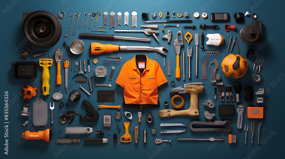 Top view design concept of Father's day with working tools on blue background. 
