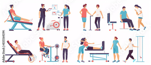 Physical therapy patients doing exercises with the help of a physical therapist photo