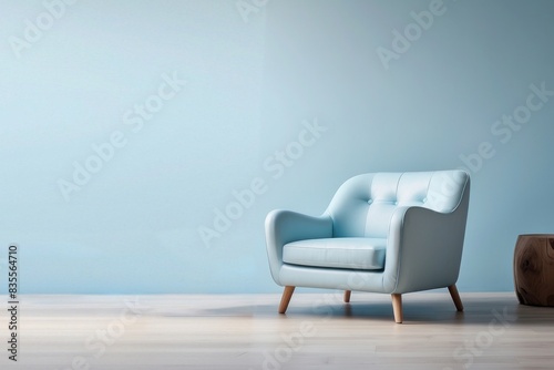 Interior home of living room with blue armchair on empty blue wall copy space mock up