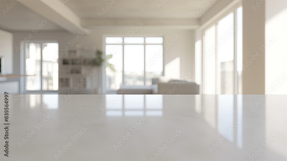 White marble countertop in modern living room with large windows.