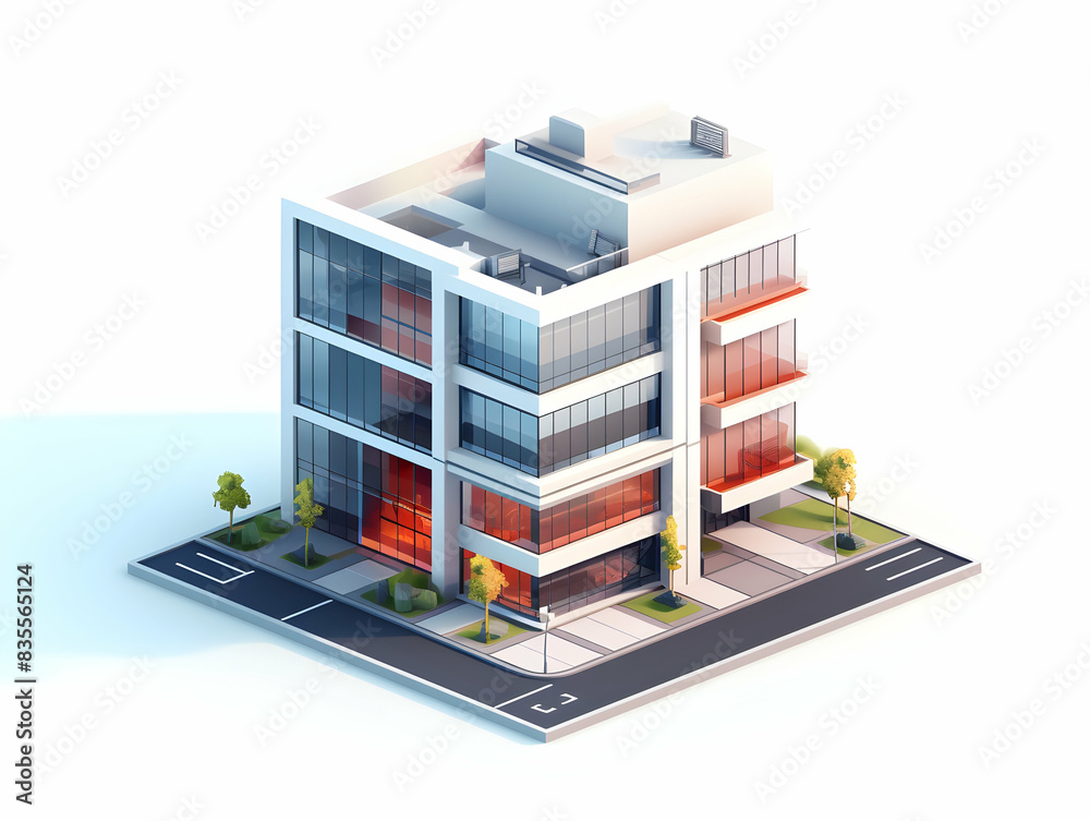 Naklejka premium A model of 3d real estate house building, Conceptual flat and building on urban area, real estate housing concept