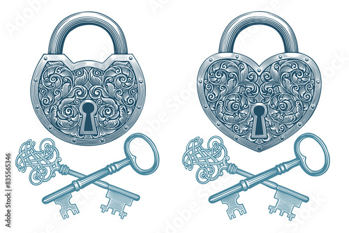 Lock and keys. Design set. Editable hand drawn illustration. Vector vintage engraving. Isolated on white background. 8 EPS