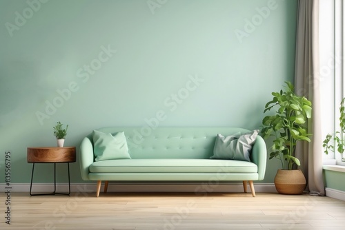 Interior home of living room with mint green sofa and green plants on wall  Parquet floor