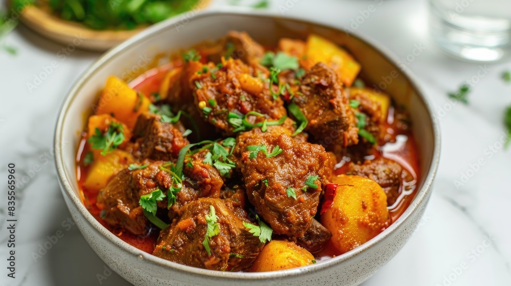 Asian inspired Beef bhuna dry curry with potatoes in a ceramic dish on a white backdrop Asian inspired Beef bhuna dry curry with potatoes in a ceramic dish on a white backdrop
