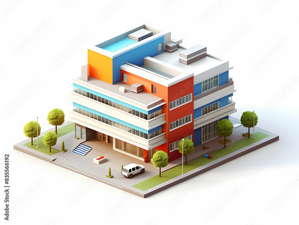 A model of 3d real estate house building, Conceptual flat and building on urban area, real estate housing concept A model of 3d real estate house building, Conceptual flat and building on urban area, real estate housing concept
