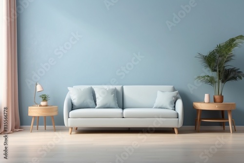 Interior home of living room with blue sofa and green plants on pastel blue wall copy space  plywood floor