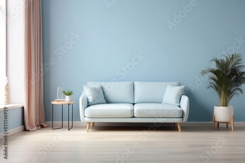 Interior home of living room with blue sofa and green plants on pastel blue wall copy space  plywood floor