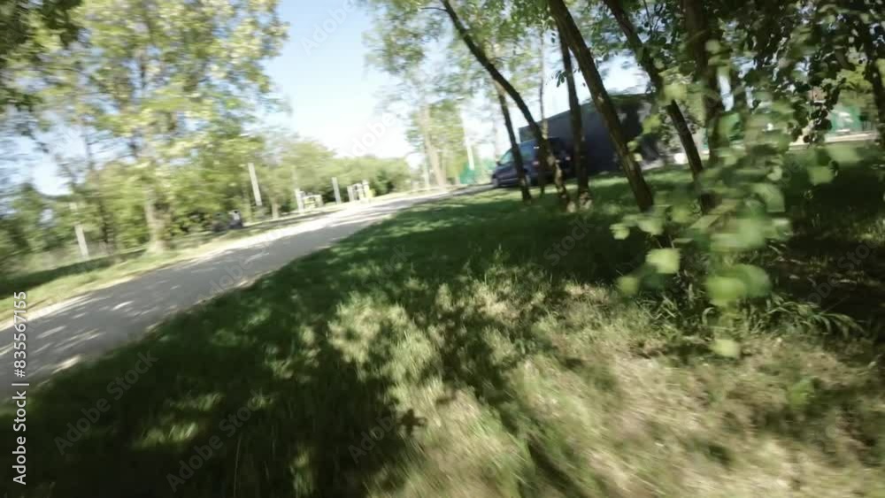 A peaceful stroll through a lush green park on a beautiful sunny day. The video is a first-person perspective of a person walking down a parks paved path. The park is full of various species of trees A peaceful stroll through a lush green park on a beautiful sunny day. The video is a first-person perspective of a person walking down a parks paved path. The park is full of various species of trees