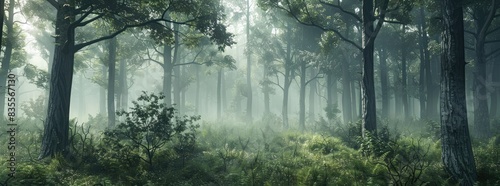 3D render of a dense forest with tall trees on a foggy day in a fantasy  photorealistic 