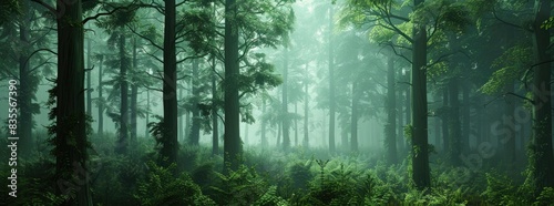3D render of tall trees in a misty forest  with green foliage on their trunks 