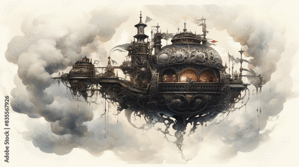 Steampunk airship portrayed in swirling smoke an abstract background Steampunk airship portrayed in swirling smoke an abstract background