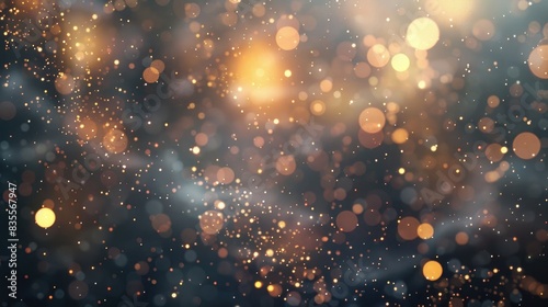 A background of sparkling lights  bokeh effects  dark grey and gold color palette  glowing particles 