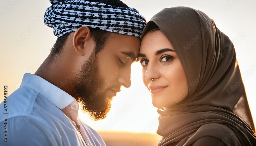 Close-up of a beautiful young Arab couple deeply in love, consisting of an Arab man and an Arab woman wearing a headscarf. The portrait highlights intricate details of their faces Close-up of a beautiful young Arab couple deeply in love, consisting of an Arab man and an Arab woman wearing a headscarf. The portrait highlights intricate details of their faces