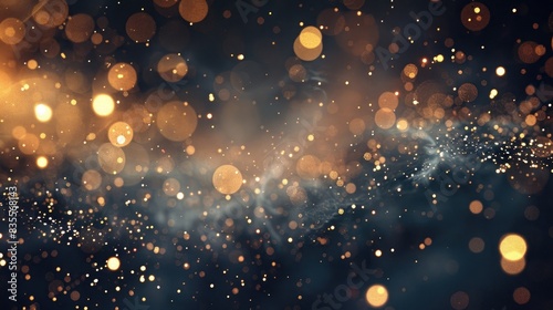 A background of sparkling lights, bokeh effects, dark grey and gold color palette, glowing particles  photo