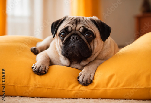 A Pug Relaxing On A Large Orange Pillow © Anton Dios