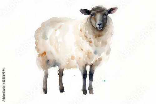 Sheep illustration with watercolor splashes on a white background. Watercolor painting style. Animal art for design and print.