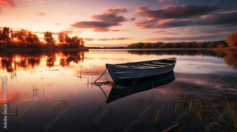 Obraz premium boat in small lake, fall, sunset, landscape photography, generative ai