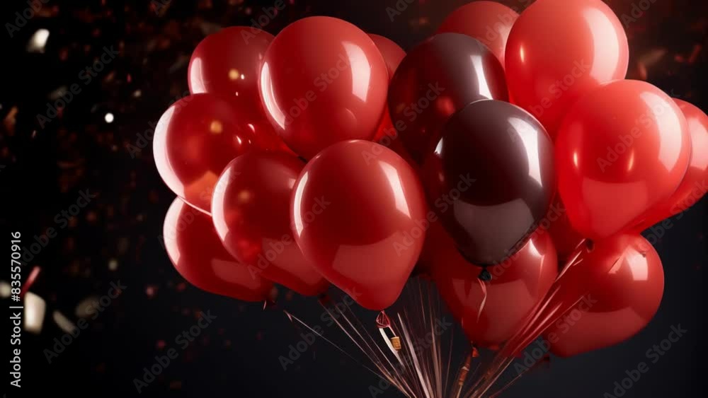 Cluster of red balloons floating against a dark background, illuminated by warm light. Perfect for celebrations, parties, and festive occasions, evoking feelings of joy and excitement.
