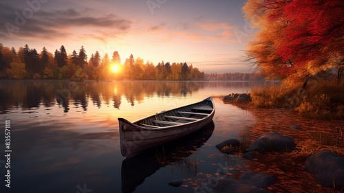 boat in small lake, fall, sunset, landscape photography, generative ai