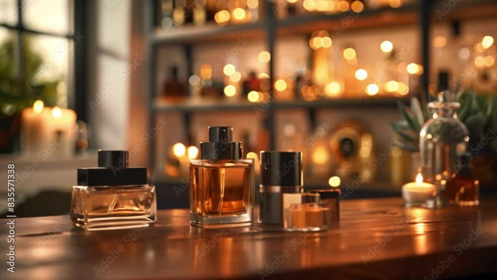 Four perfume bottles are arranged on a wooden table with a warm, inviting ambiance. The bottles are lit by soft candlelight and are displayed against a blurred background of a shelf with more bottles Four perfume bottles are arranged on a wooden table with a warm, inviting ambiance. The bottles are lit by soft candlelight and are displayed against a blurred background of a shelf with more bottles