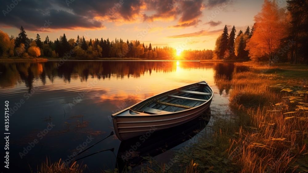 Fototapeta premium boat in small lake, fall, sunset, landscape photography, generative ai
