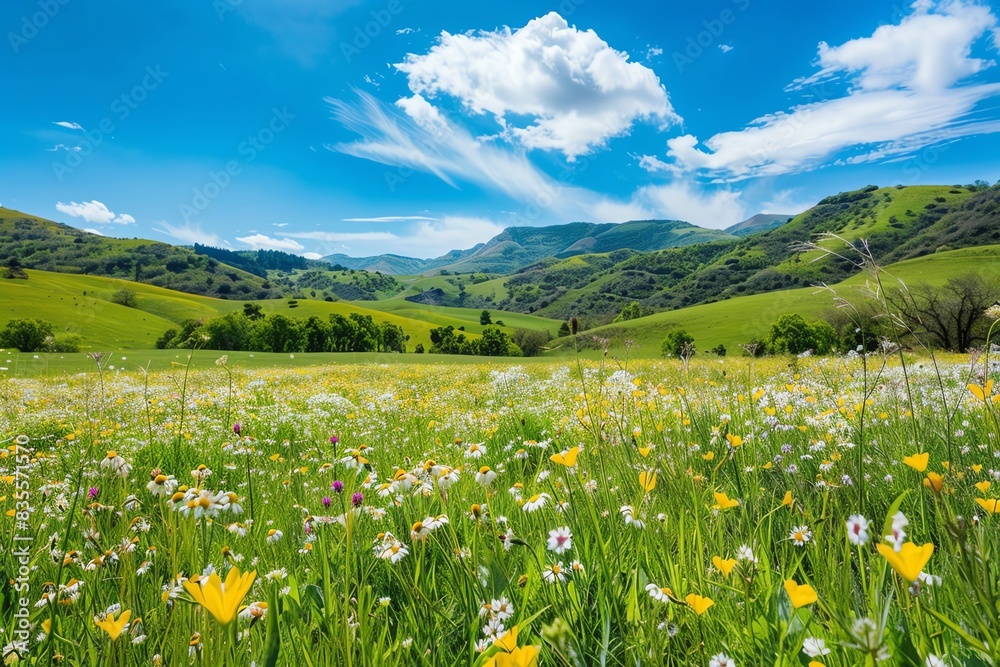 A vibrant green meadow with wildflowers under a blue sky with fluffy clouds and rolling hills in the background. A vibrant green meadow with wildflowers under a blue sky with fluffy clouds and rolling hills in the background.