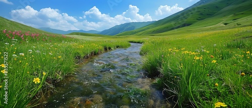 A tranquil stream flows through a lush green meadow under a blue sky. photo