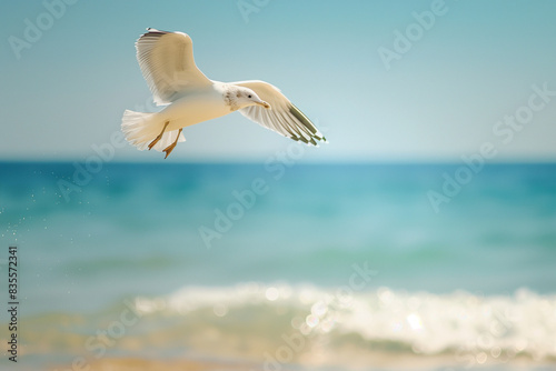 Seagull flying over the sea near a summer beach  ideal for a relaxing vacation trip  showcasing a seagull and providing generous copy space