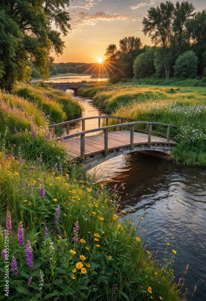Fototapeta premium Wooden Bridge Over a River at Sunset