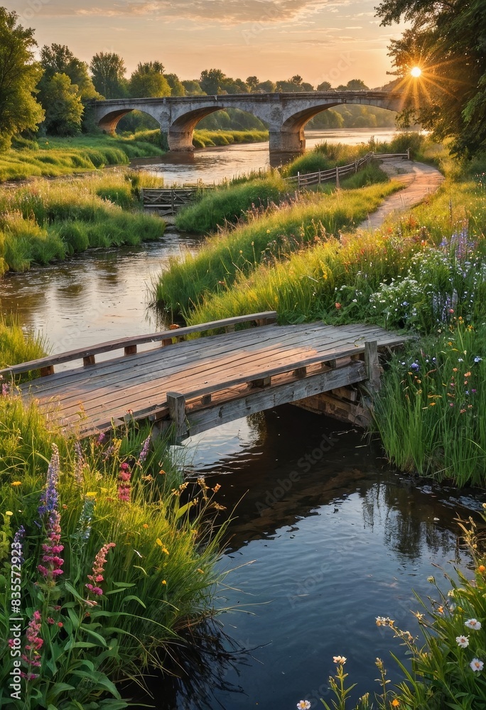 Wooden Footbridge Over Stream With Stone Bridge And Sunset In The Background Wooden Footbridge Over Stream With Stone Bridge And Sunset In The Background
