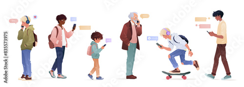 Diverse men of different ages and ethnicities using smartphone, surfing internet, chatting. Male characters, young adults and elderly man holding gadgets. isolates vector illustrations on white.