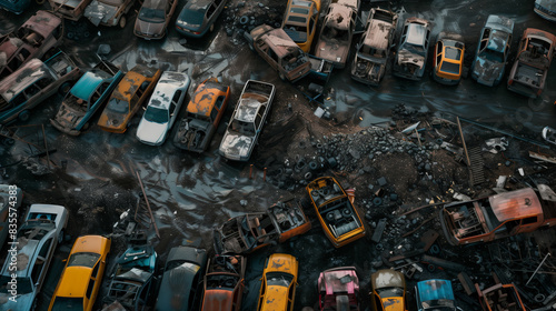A cemetery of old rusty broken-down automobiles. View from above. The cars are in different conditions, some of them are crushed © chekart