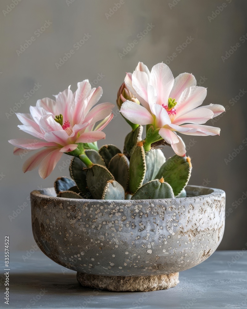 Pink flowers of a cactus in a concrete bowl. Pink flowers of a cactus in a concrete bowl.