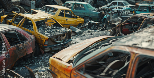 Wrecked cars are piled up in a landfill. The cars are in different conditions, some of them are smashed, while others are crushed and burned
