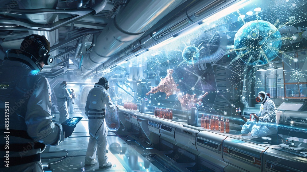 A futuristic depiction of a space habitat with scientists analyzing samples containing complex molecular structures. A futuristic depiction of a space habitat with scientists analyzing samples containing complex molecular structures.