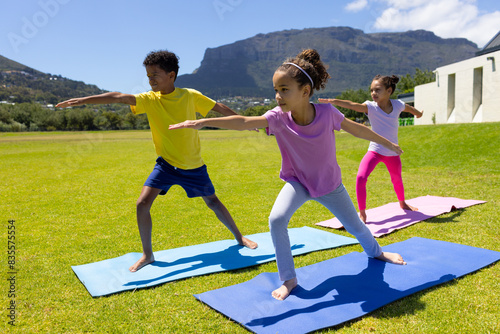 Biracial children practice yoga outdoors on a sunny day