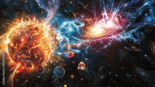 An artistic rendering of a cosmic event  such as a supernova  with the resulting atomic particles and molecular formations.
