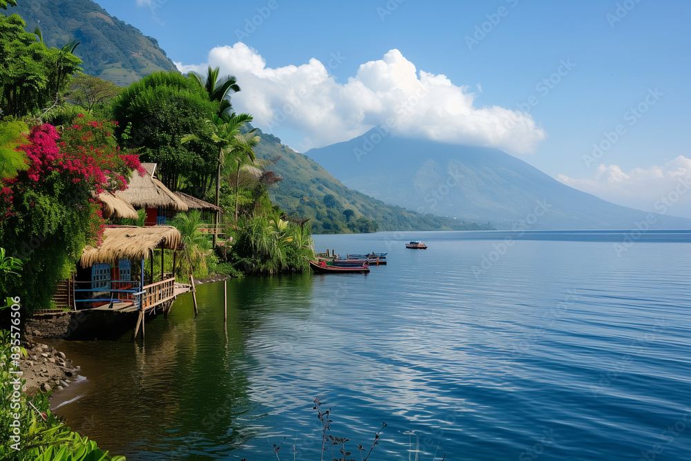 Lake Atitlan in the highlands of Guatemala - Mayan culture in beautiful vulcano landscape