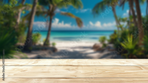 Wooden table with a sunny tropical sand beach in the background, blurred for focus, perfect for summer product displays and presentations on the table.