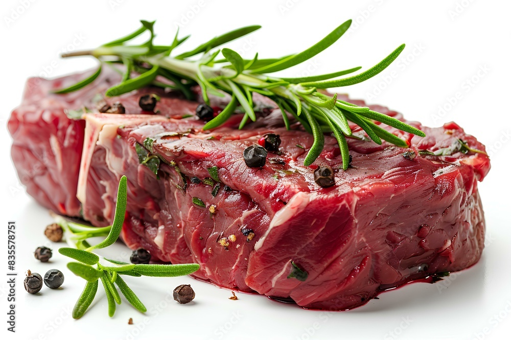 A piece of meat with a sprig of rosemary A piece of meat with a sprig of rosemary