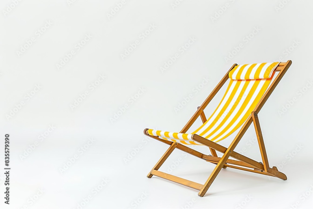 vibrant yellow striped beach chair summer getaway essential product photography on white