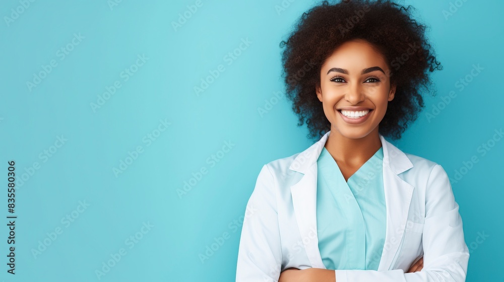 Young african american doctor woman over isolated background with a happy and cool smile on face. Lucky person, one Color background , copy space, generative ai Young african american doctor woman over isolated background with a happy and cool smile on face. Lucky person, one Color background , copy space, generative ai