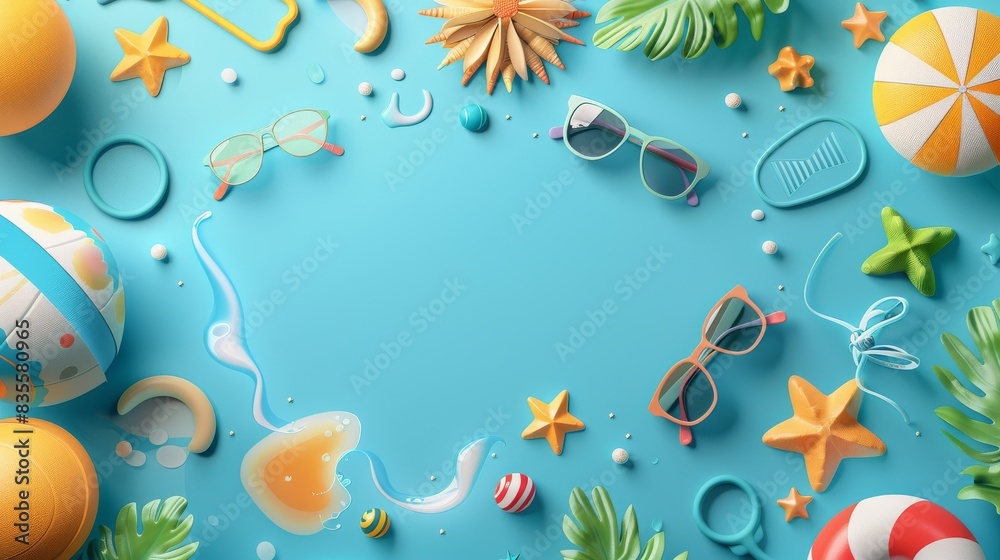 A bright, fresh illustration with summer elements like sunglasses, flip-flops, and beach balls scattered around a central empty space for copy A bright, fresh illustration with summer elements like sunglasses, flip-flops, and beach balls scattered around a central empty space for copy