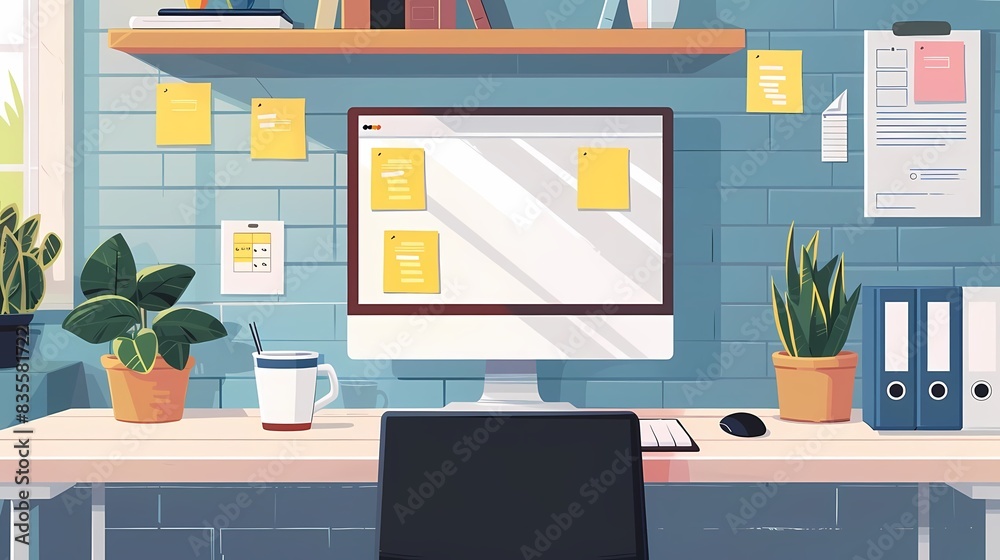 Create a flat design of a modern office desk with a sleek laptop, a notepad, and a pen Create a flat design of a modern office desk with a sleek laptop, a notepad, and a pen