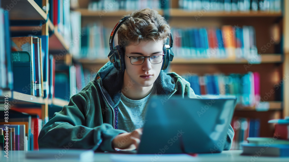 Young man intently studying with a laptop and headphones, showcasing dedication and modern education through technology. Perfect for promoting online learning platforms, study aids, academic Young man intently studying with a laptop and headphones, showcasing dedication and modern education through technology. Perfect for promoting online learning platforms, study aids, academic