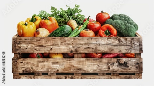 A wooden box packed with vegetables isolated on a white or transparent PNG background.