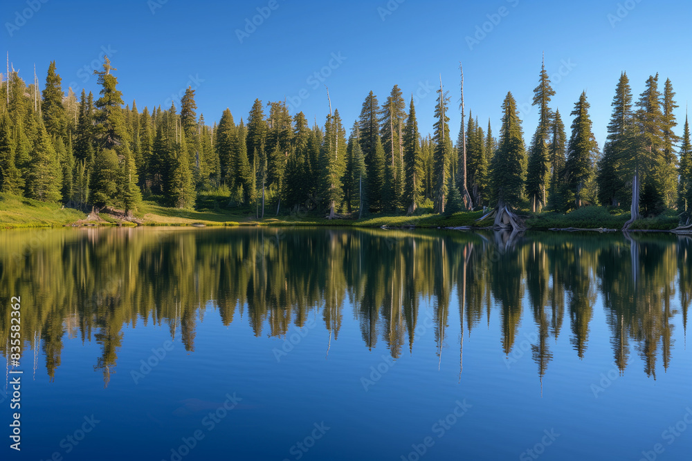 Coniferous trees forest reflected in the calm waters of Summit Lake, Lassen Volcanic National Park, Northern California



