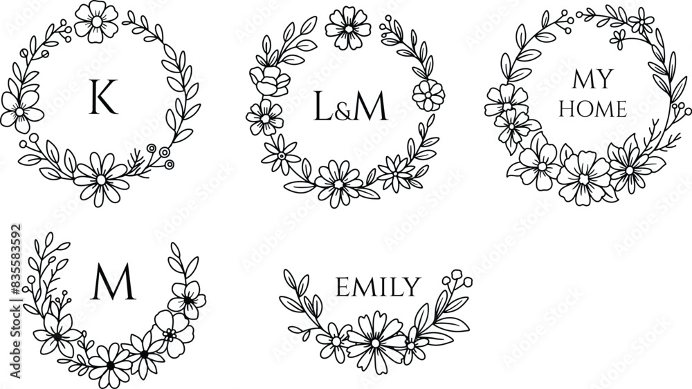 Vector illustration of hand drawn wreaths. Cute doodle floral wreath frame set Vector illustration of hand drawn wreaths. Cute doodle floral wreath frame set