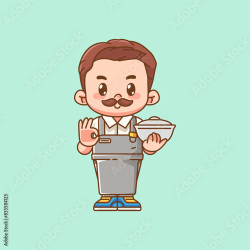 Cute waiter serve bowl kawaii chibi character mascot illustration outline style design